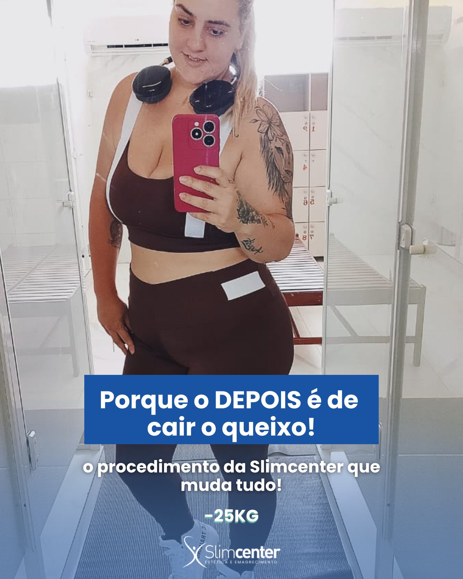Registro posterior de uma paciente da Slim Center Mooca, em selfie de academia