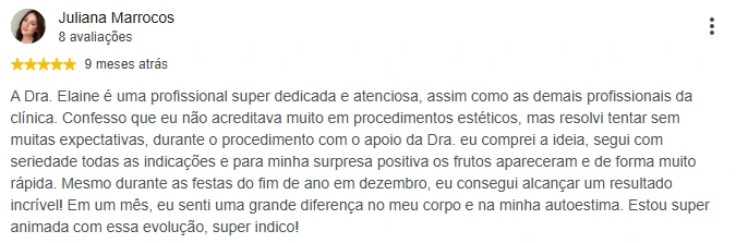 Captura da avaliação de Juliana Marrocos no perfil do Google da Slim Center Mooca